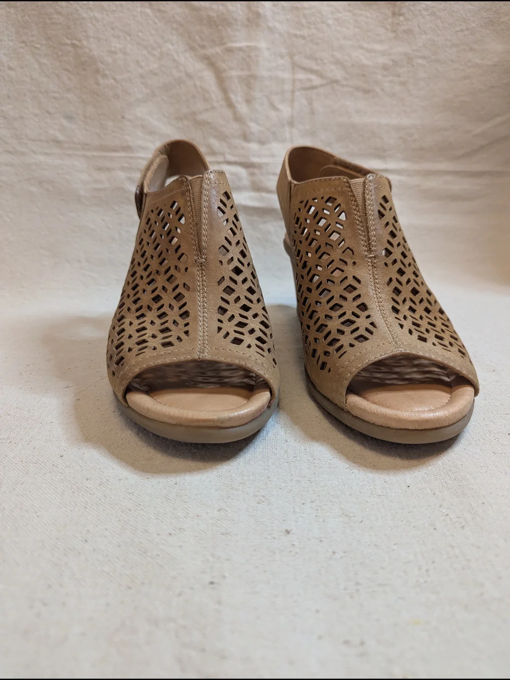 Earth Taupe Laser-Cut Peep-Toe Wedges